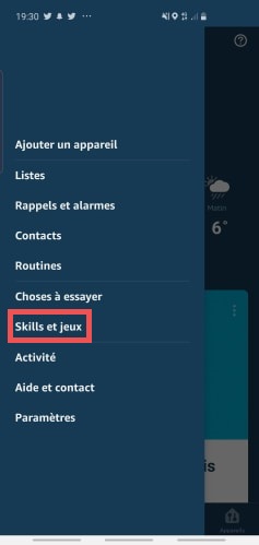 Page d'accueil et menu de l'application mobile Amazon Alexa