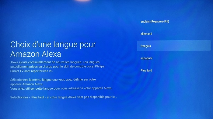 Sélection de la langue pour l'application Amazon Alexa sur la TV Philips
